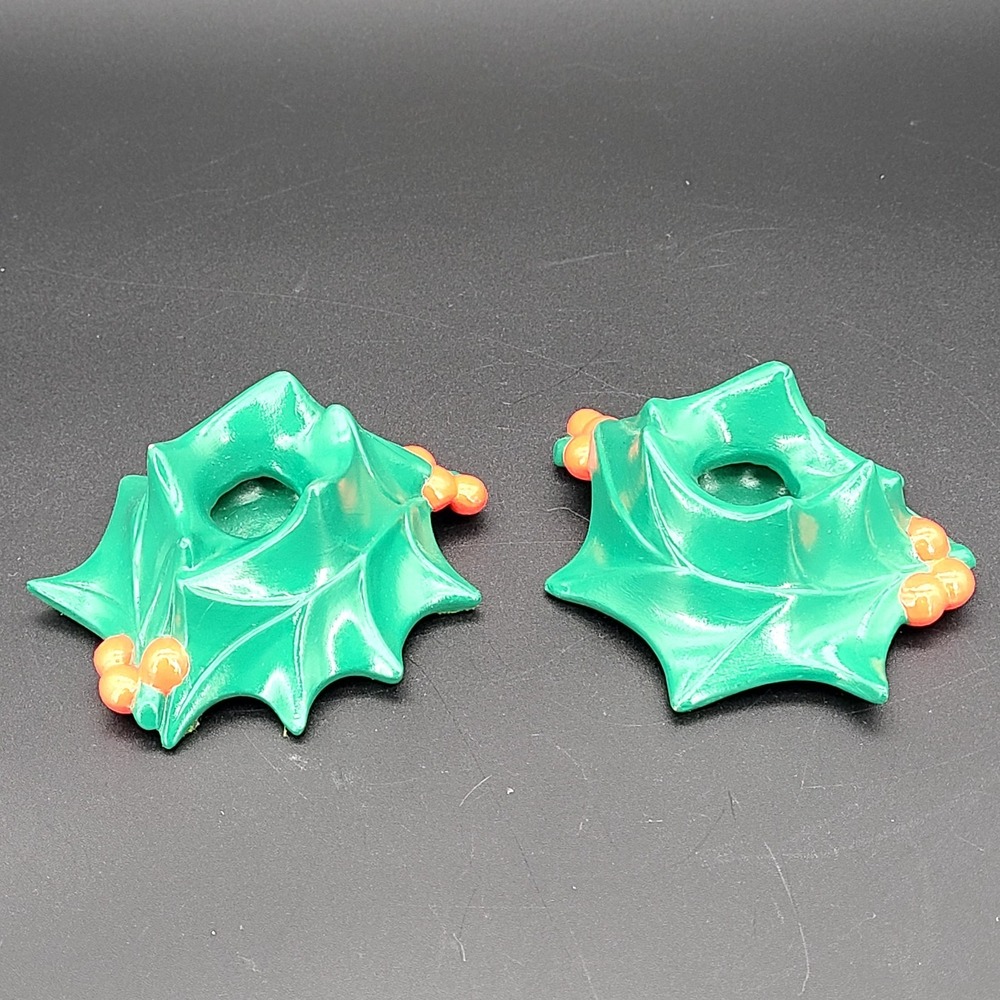 Vintage Atlantic Mold Christmas Taper Candle Holders Set 2 Holly Berry